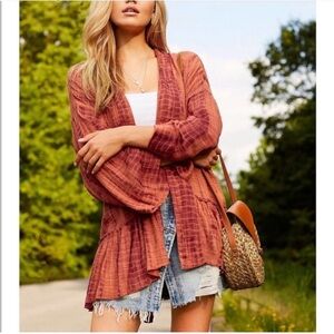 Free People FP One Sasha Rust Orange Boho tie dye  Cardigan Kimono cotton